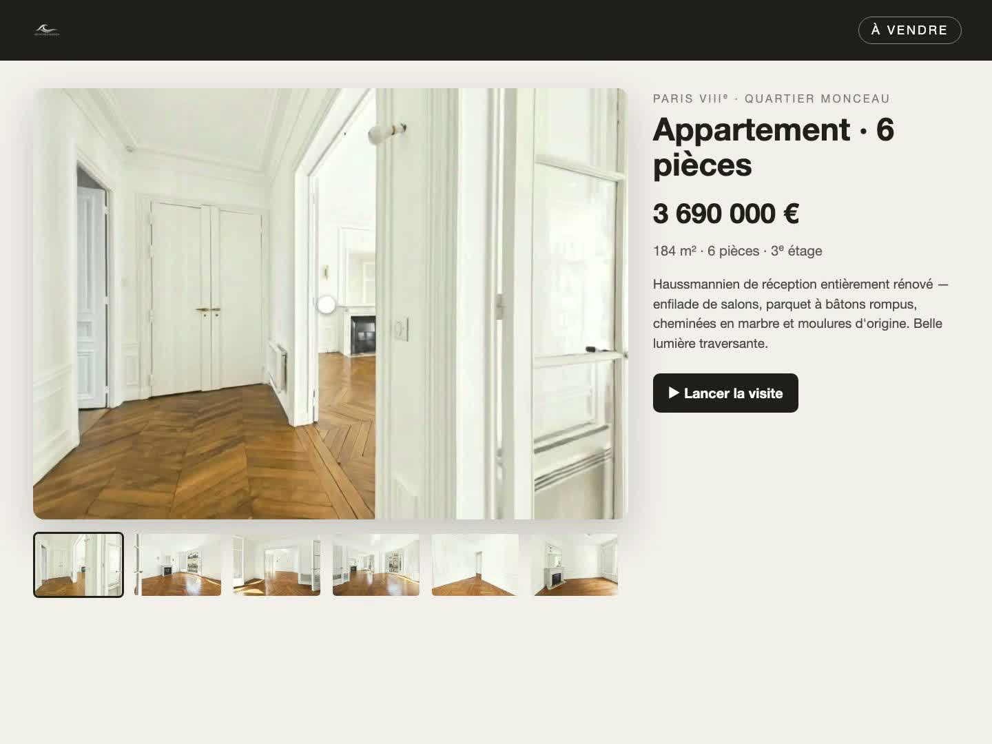 Le site dédié au bien : fiche, galerie et lancement de la visite